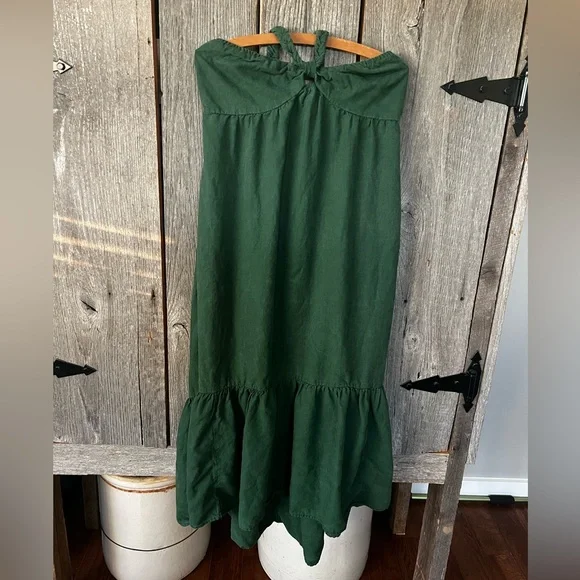 AERIE Linen Blend Braided Halter Hi Low Green Maxi Dress Large - Picture 1 of 11